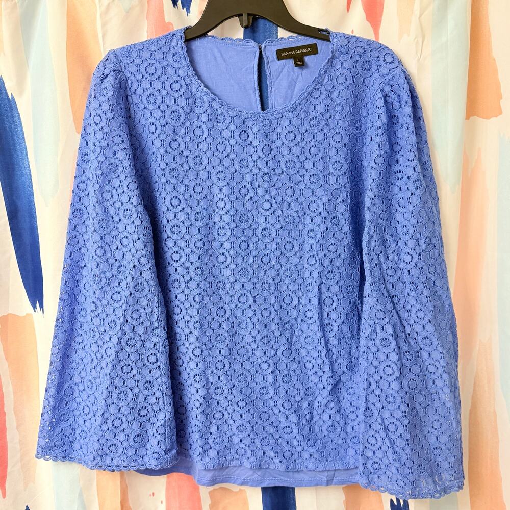 Banana Republic Blue Lace Fluted Floral Bell Sleeve Blouse Size Large
